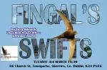 A swift flies across the name of an event and information about its presenter: Fingal's Swifts by Tara Adcock, Urban Birds Projects Officer, BirdWatch Ireland